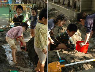 砂場で遊ぶ子供たち、水を張ったり砂をこねたり